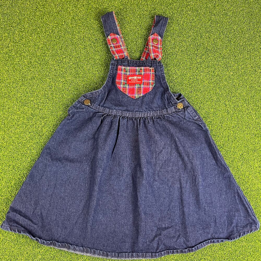 Vintage Y2K OshKosh B’Gosh Denim Jumper Overall Dress Red Plaid Toddler Sz 6x